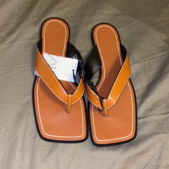 Brown low square toe leather stitched sandal